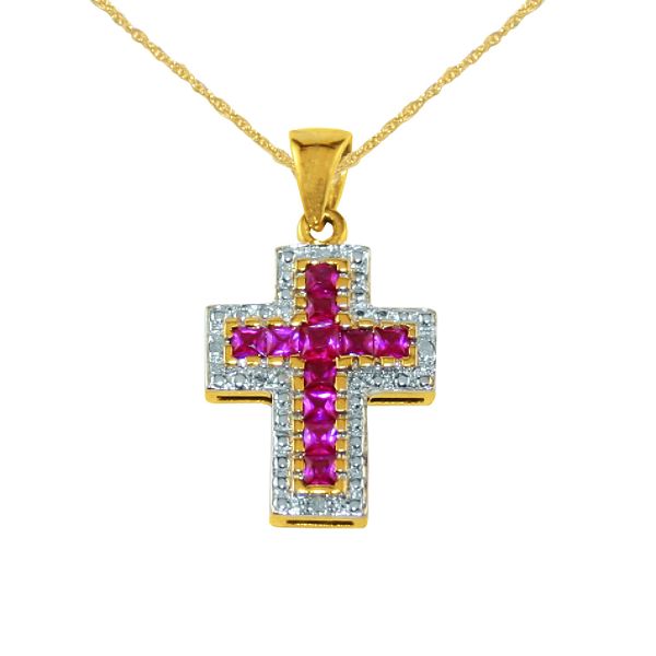 Lab Created Princess Ruby And Diamond Accent Cross Pendant 10k Yellow