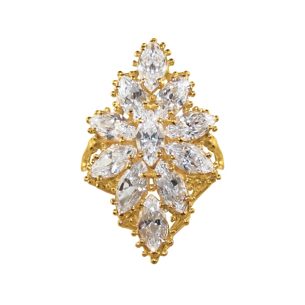 Cubic Zirconia Marquise Cluster Floral Ring 10K Yellow Gold