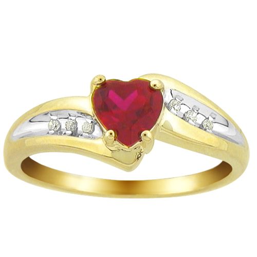 Lab Created Ruby and Diamond Heart Ring, 10K Yellow Gold