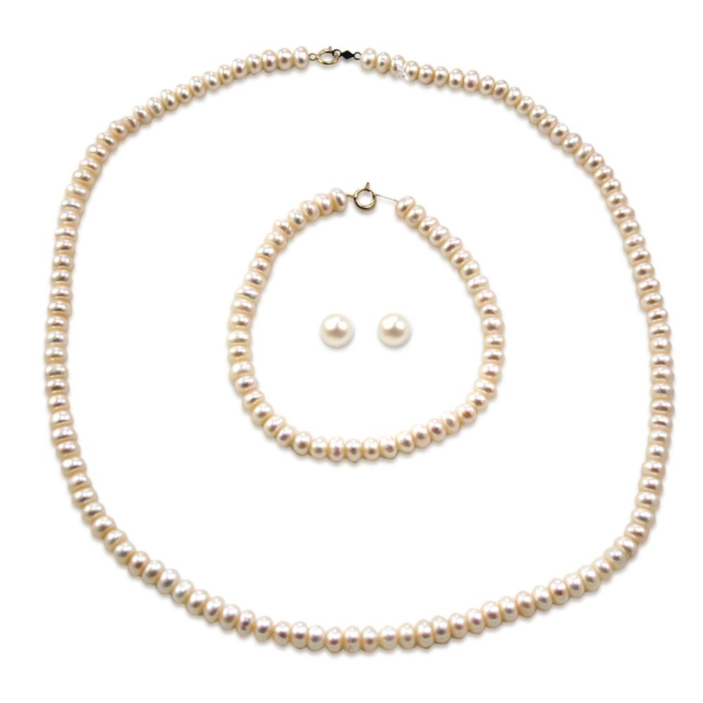 10kt Gold 3pc Cultured Pearl Set (Necklace, Bracelet, Earrings)