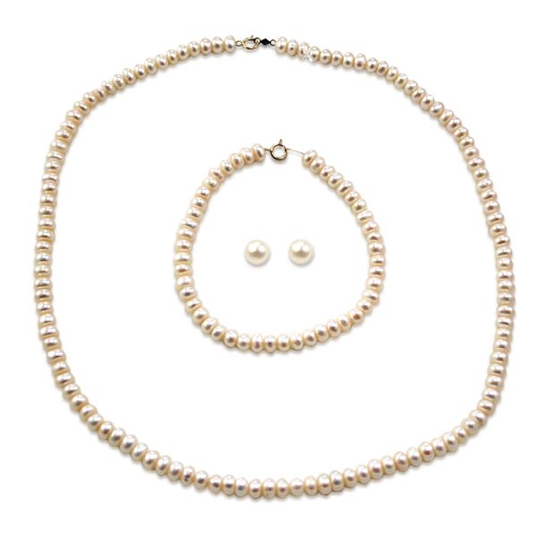 10kt Gold 3pc Cultured Pearl Set (necklace, Bracelet, Earrings) CCPN-SET-KM
