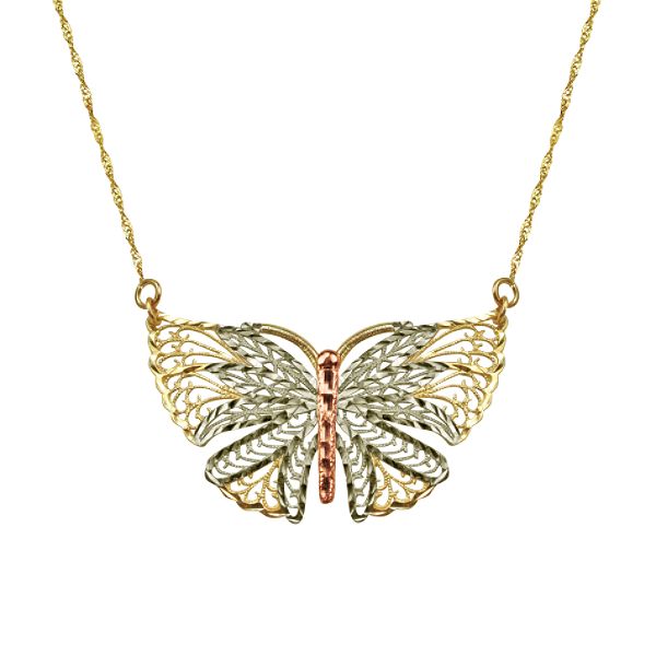 10kt Gold Tricolor 18in Diamond Cut Butterfly Pendant CN-443-BRV/18