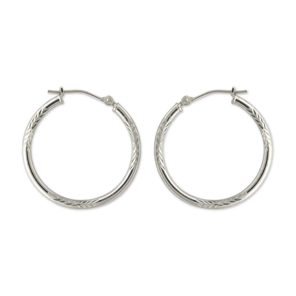 14k White Gold Diamond Cut Tube Hoop Earrings