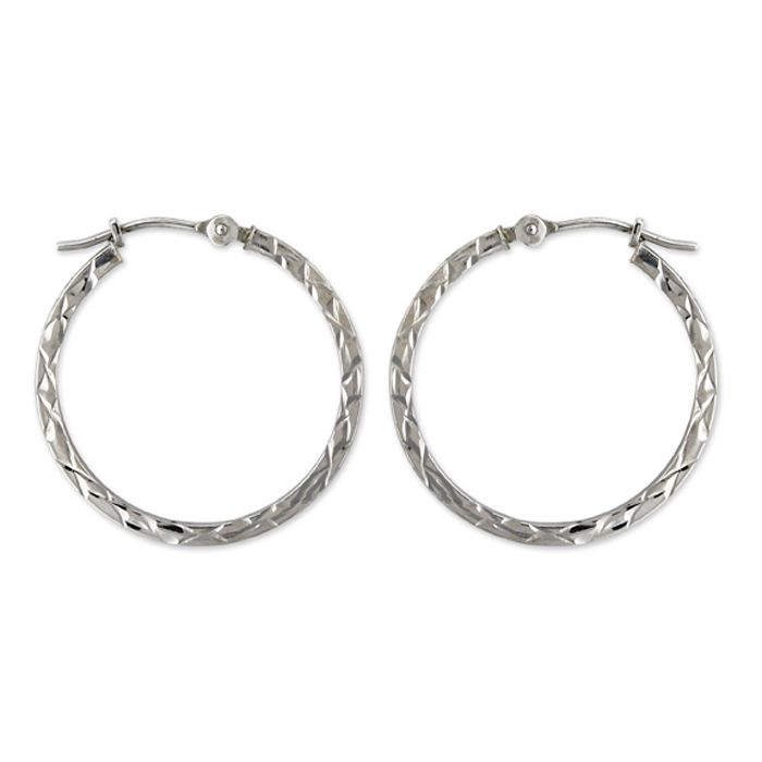 14k White Gold Diamond Cut Square Hoop Earrings
