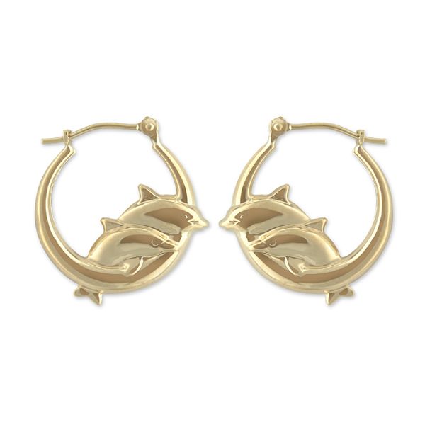 14k Yellow Gold Two Dolphin Hoop Earrings E70046