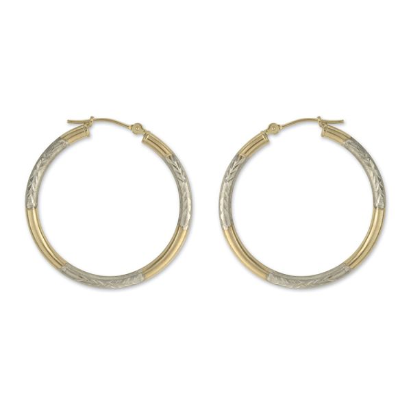 14k Yellow Gold Rhodium Diamond Cut Tube Hoop Earrings E70048