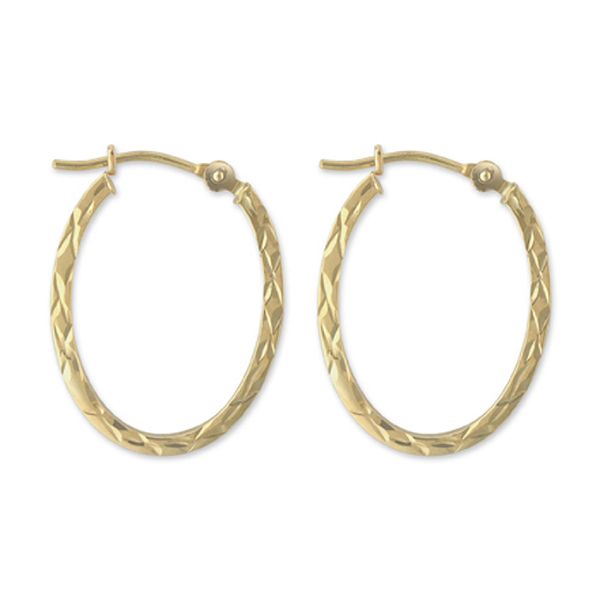 14k Yellow Gold Oval Diamond Cut Hoop Earrings E75459