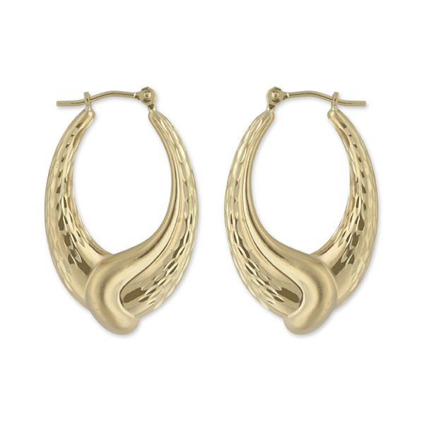 14k Yellow Gold Swirl Oval Hoop Earrings With Sandblast & Diamond Cut E76457