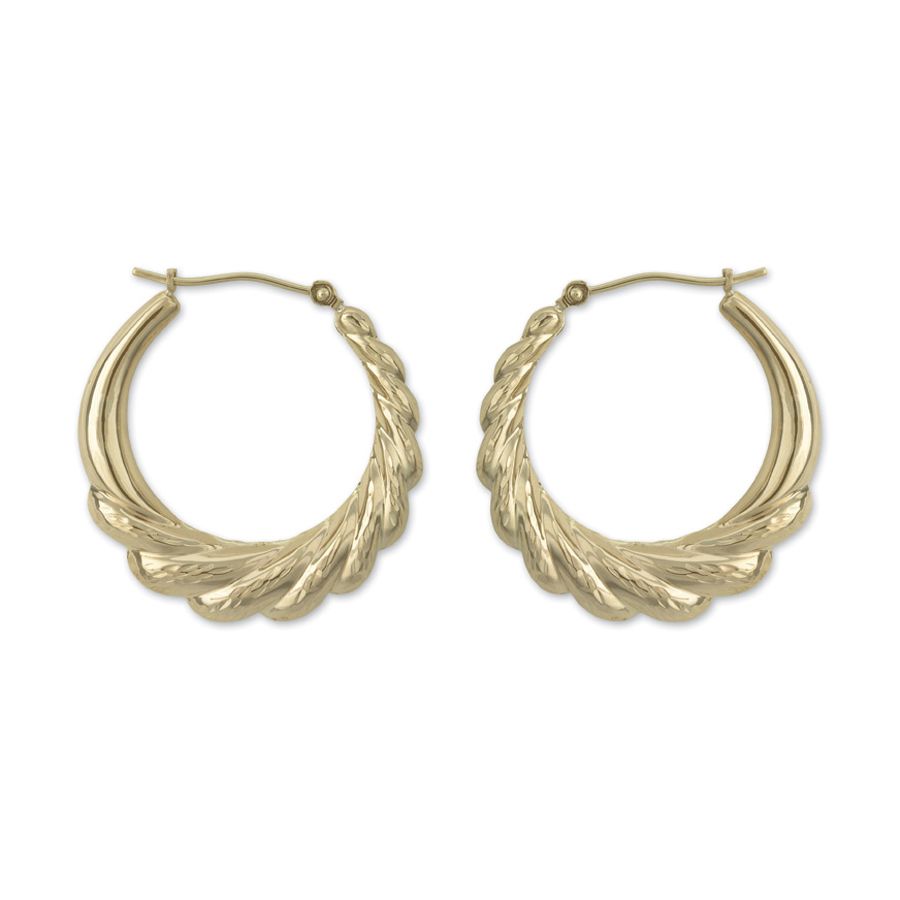 14k Yellow Gold Diamond Cut Fluted Hoop Earrings