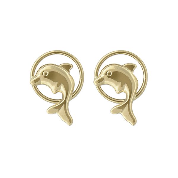 14k Yellow Gold Dolphin Round Hoop Earrings Stud Earrings E77440