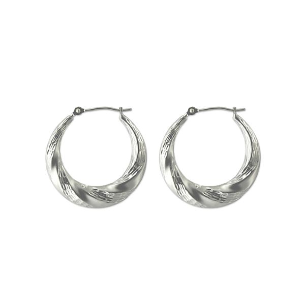 14k White Gold Satin Diamond Cut Fluted Hoop Earrings E78414
