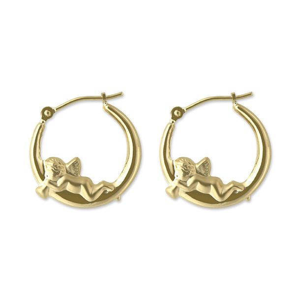 14k Yellow Gold Cherub With Trumpet Hoop Earrings E79068