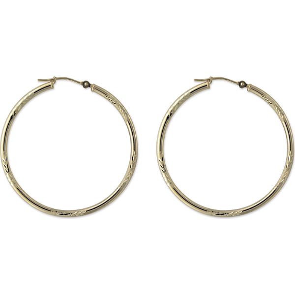 14k Yellow Gold Hoop Earrings With Diamond Cut & Stone Finish E79093.KD