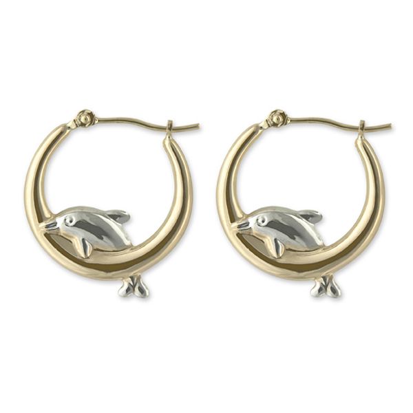 14k White Gold Dolphin On Yellow Hoop Earrings E79312