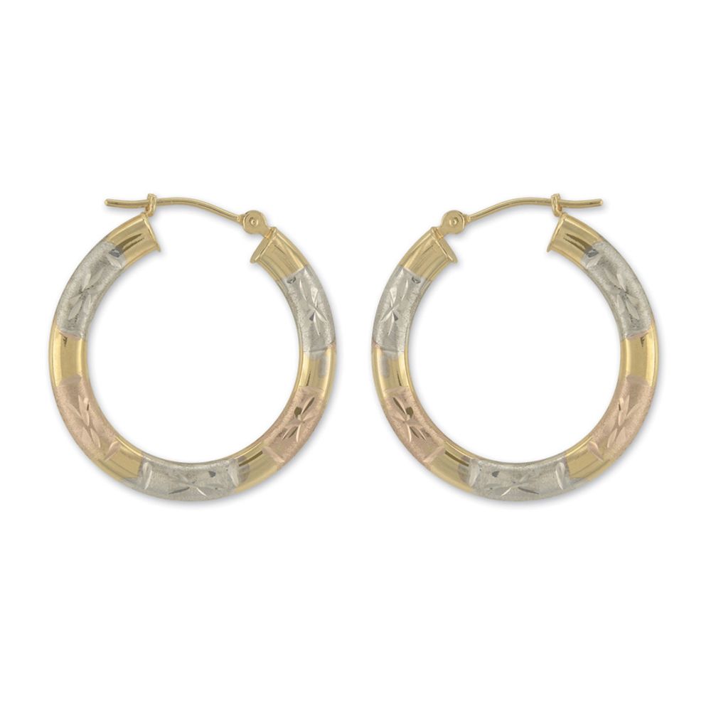 14k Tri-color Diamond Cut Circle Hoop Earrings