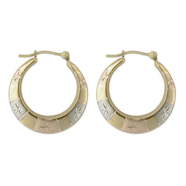 14k Tri-color Circle Hoop Earrings With Diamond Cut Accents