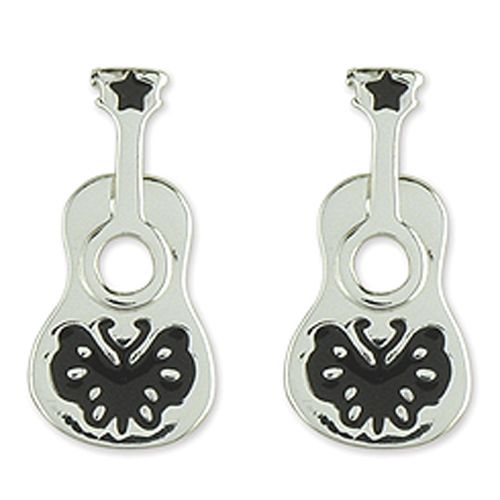Disney Sterling Silver Hannah Montana Bold Guitar Earrings with Black Enamel Accent