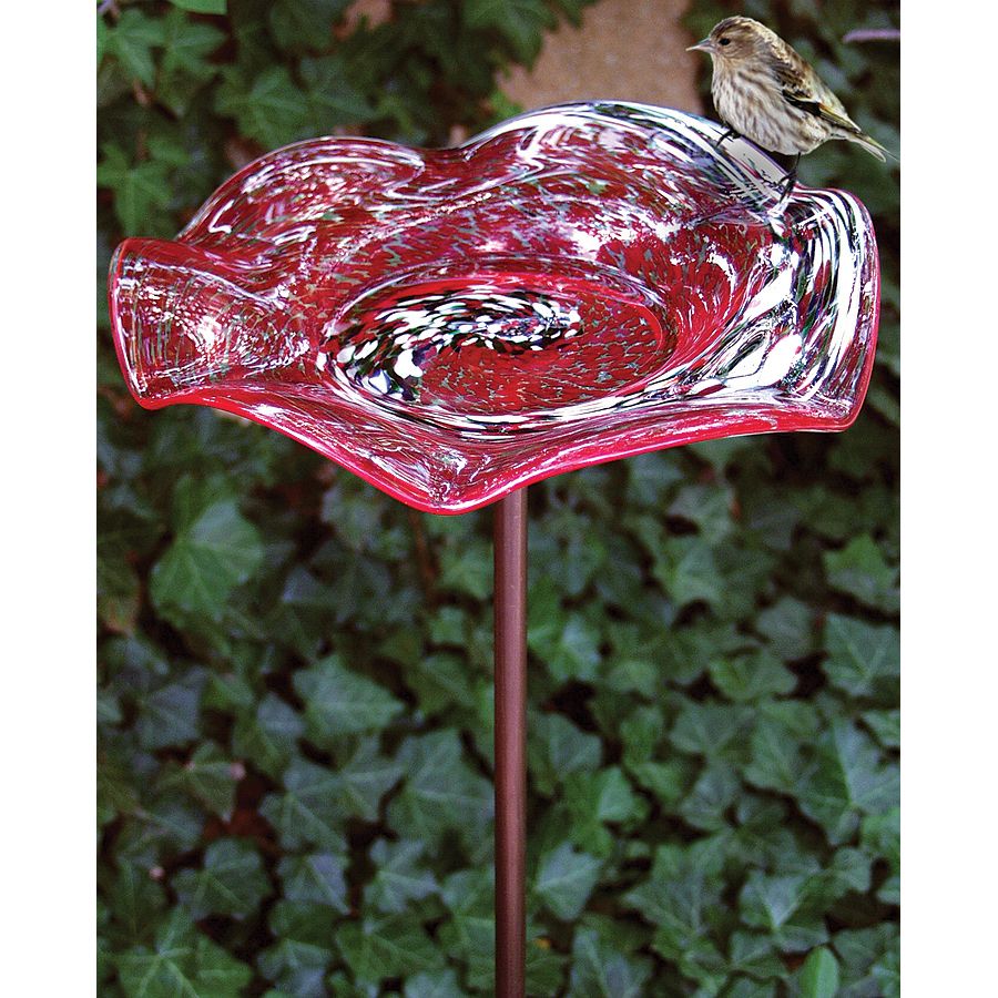 Echo Valley Illuminary Red Swirl Birdbath With KD Stake