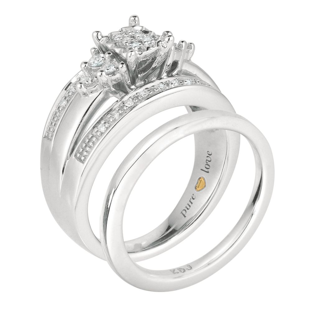 Pure Love Sterling Silver + 24KT Yellow Gold heart 1/7th ct t.w. Diamond Bridal set