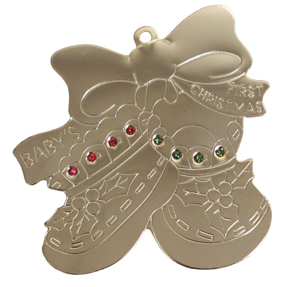 Goldtone Baby Booties "First Christmas" Ornament