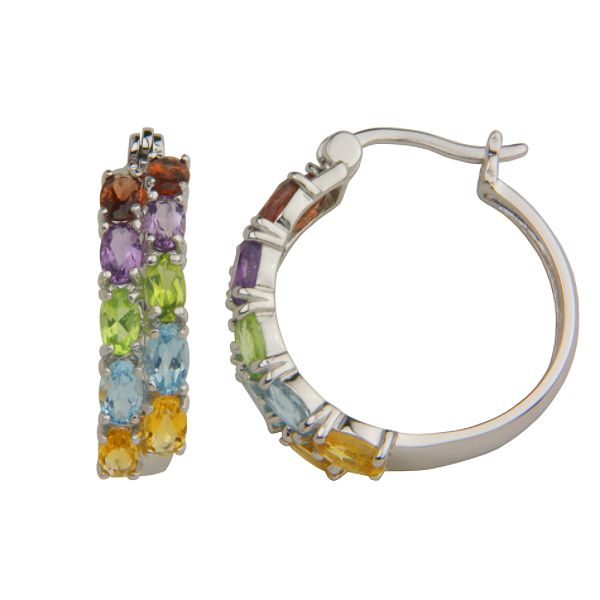 Rhodium Over Sterling Silver Multi Gemstone Hoop Earrings