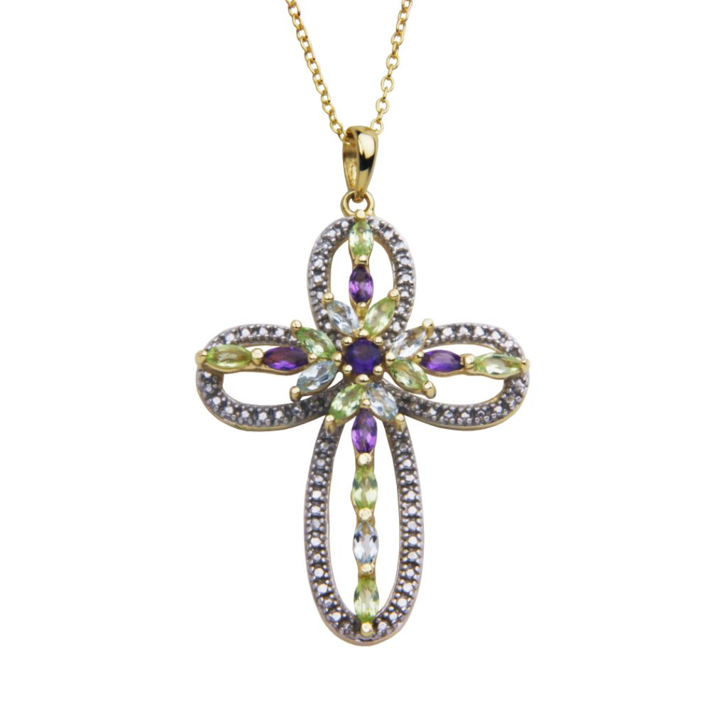 18k Gold Over Sterling Silver Multi-Stone and Diamond Accent Pendant