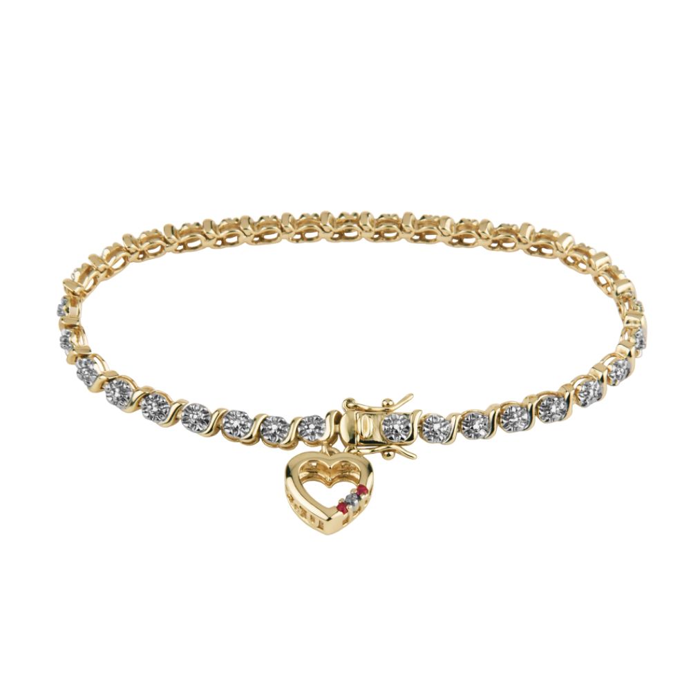18KT Gold over Sterling Silver Diamond Accent and Ruby Dangling Heart Bracelet