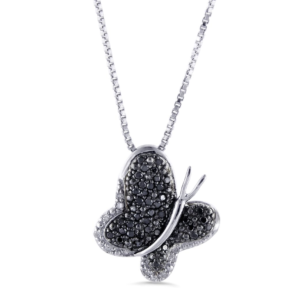 Sterling Silver With 1/4 cttw Black & White Diamond Butterfly Pendant