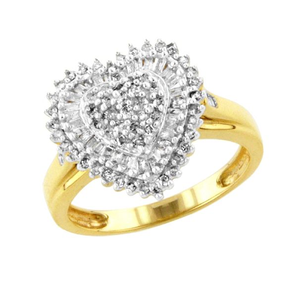 10kt Gold 1/2 Cttw Round And Baguette Diamond Heart Ring