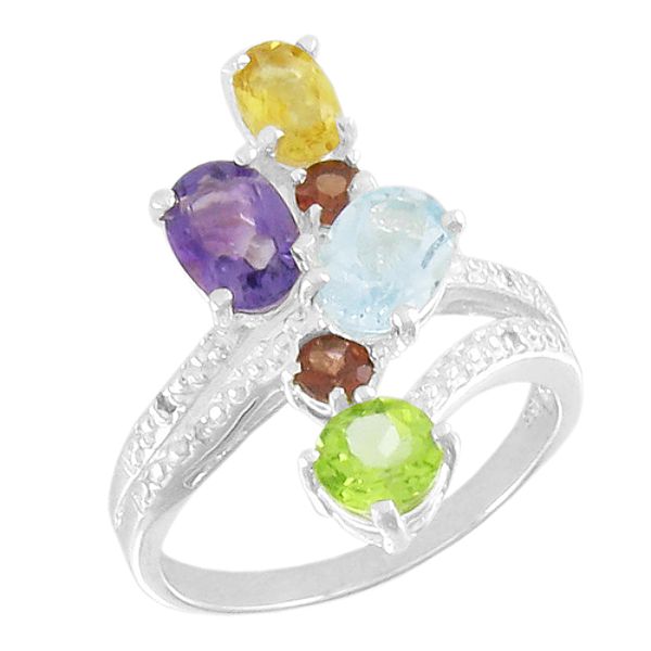 Multi-gemstone Bypass Ring In Sterling Silver With Diamond Accents