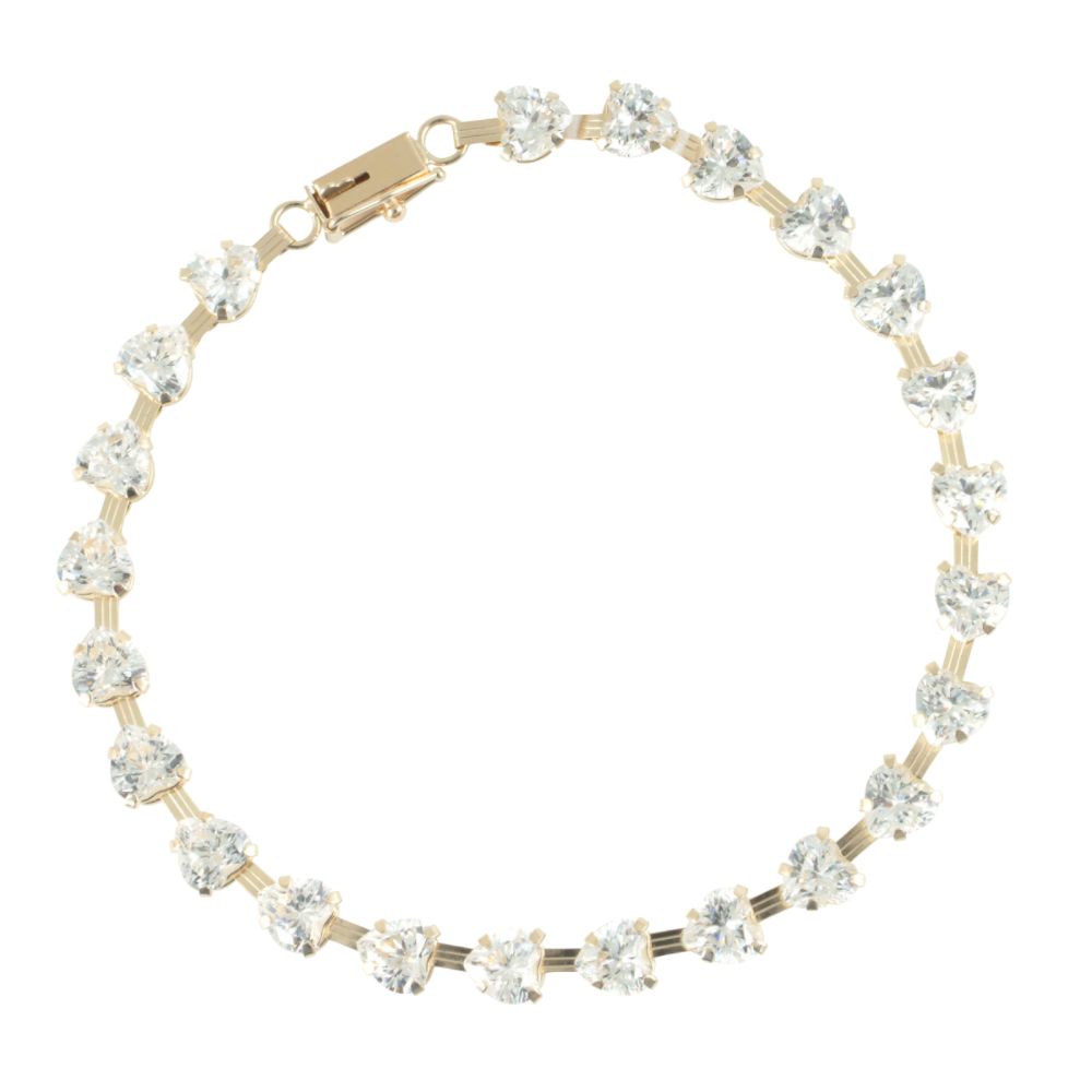 10kt Gold 7.25 Inch Heart Cubic Zirconia Straight Line Bracelet