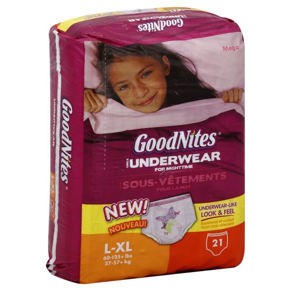 GoodNites Underpants, Girls, for Nighttime, L-XL (60-125+ lbs), Mega, 21 underpants