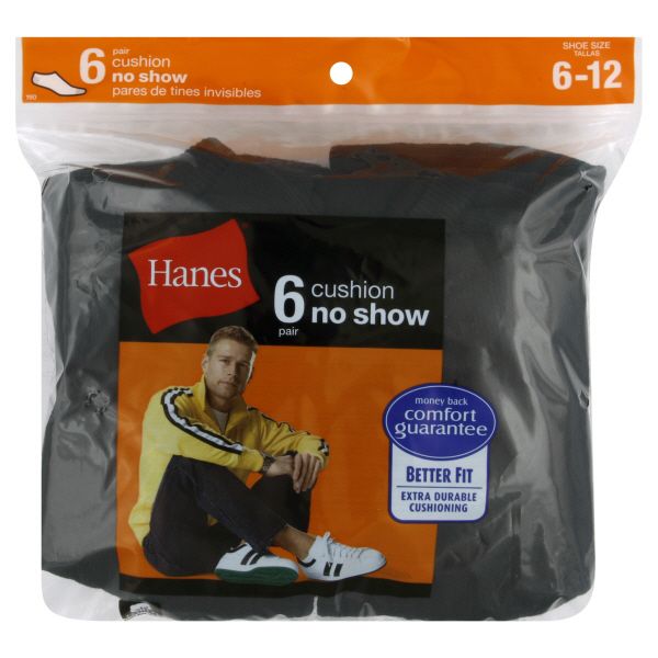 Hanes Socks, Cushion No Show, Men's, Black, 6 pairs