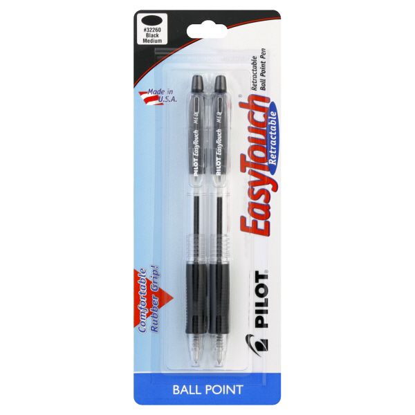 Pilot Easy Touch Pens Ball Point Retractable Black Medium 2 pens