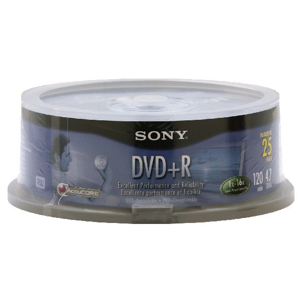 Sony DVD+R, 4.7 GB/GO, 1x-16x Speed Compatible, 120 Min, 25 pack