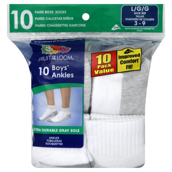 Fruit of the Loom Socks, Boy's, Ankle, Large, 10 pairs at Kmart.com