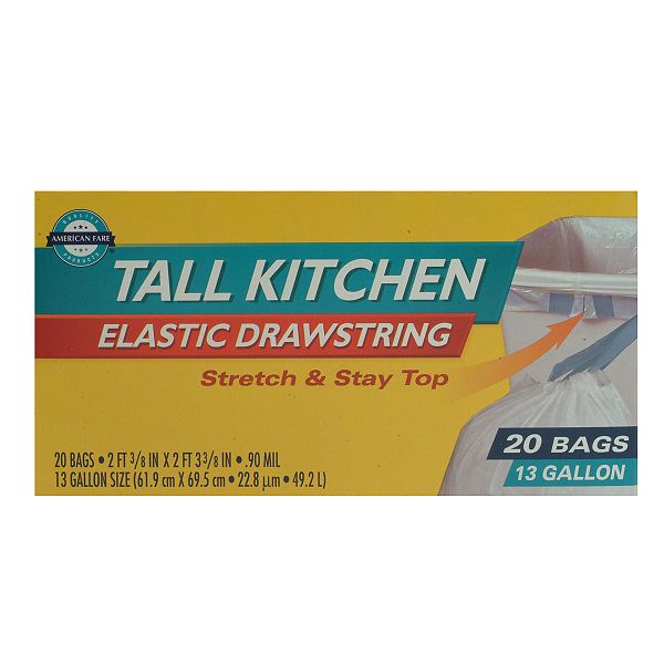 American Fare Elastic Drawstring 13 Gallon Tall Kitchen Trash Bags 20 29271011