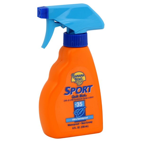 Banana Boat Sport Quik Blok UVA & UVB Sunblock Spray Lotion, SPF 35, Ultra Sweatproof, 8 fl oz (236 ml) at Kmart.com