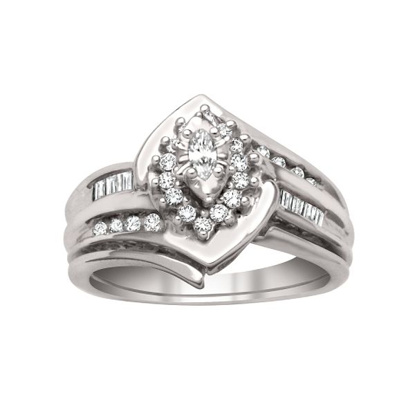 1/3ct. Tw. Marquise W/round & Baguette Diamond Accents Bridal Set In