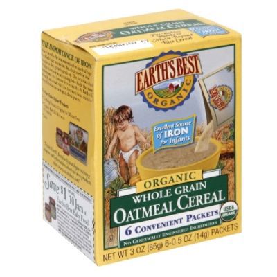 Earth's Best Organic Oatmeal Cereal, Whole Grain, 6 - 0.5 oz (14 g) packets [3 oz (85 g)]  (Box of 12)