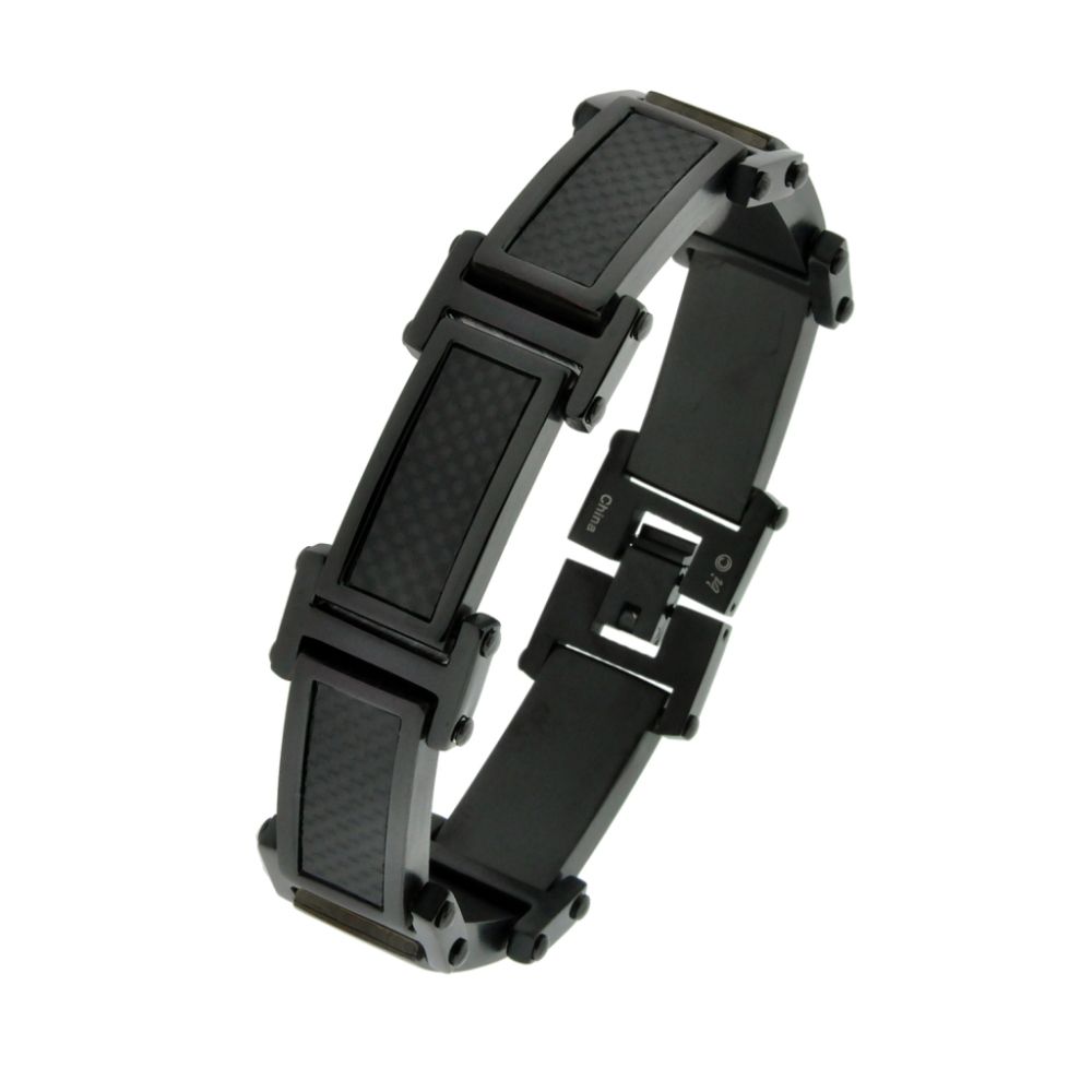   Men's Stainless Steel Bracelet With Black Carbon Fiber And Black Ip Plating at Sears.com
