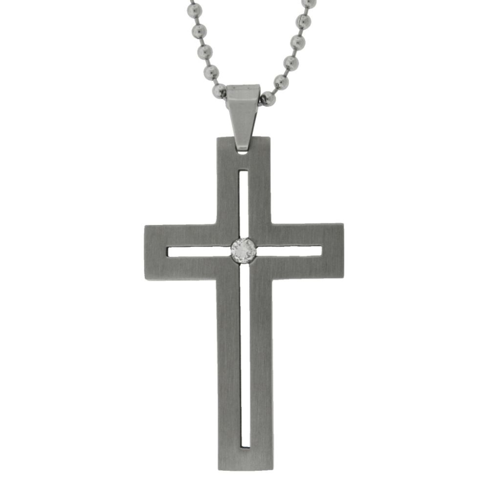   Men's Stainless Steel Cross Pendant With Cz On A 22" Ball chain at Sears.com