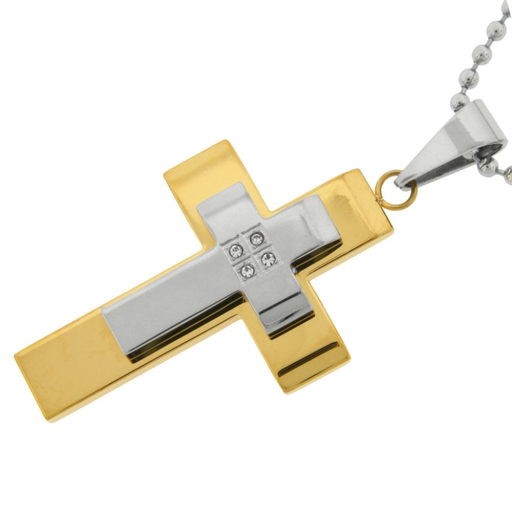   Men's Stainless Steel 2 Layer Cross Pendant With Cz & Gold Ip On A 22" Ball Chain at Kmart.com