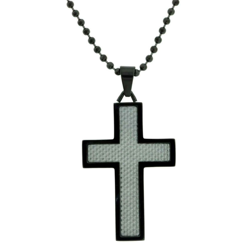  Men's Stainless Steel Cross Pendant With Black Plating & Carbon Fiber On 22" Ball Chain at Sears.com