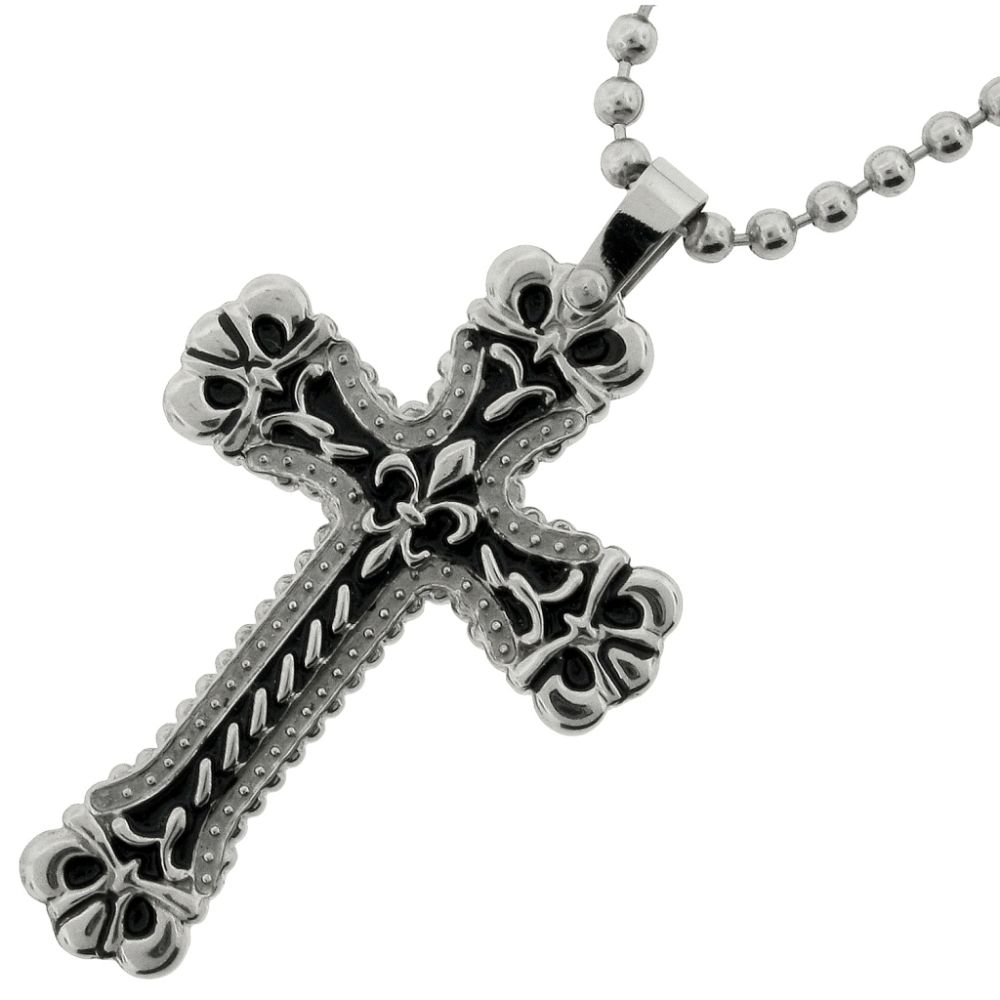   Men's Stainless Steel Fleur Des Lis Cross Pendant  With Black Ip Background On A 22" Ball Chain at Sears.com