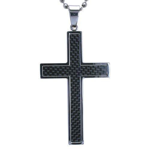   Men's Stainless Steel Cross Pendant With Black Carbon Fiber On A 22" Ball Chain at Sears.com