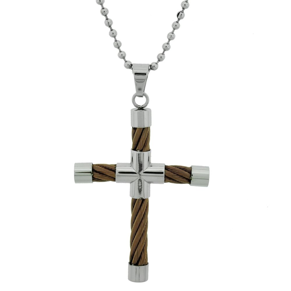   Men's Stainless Steel Cable Cross Pendant With Brown Ip Plating On 22" Ball Chain at Sears.com