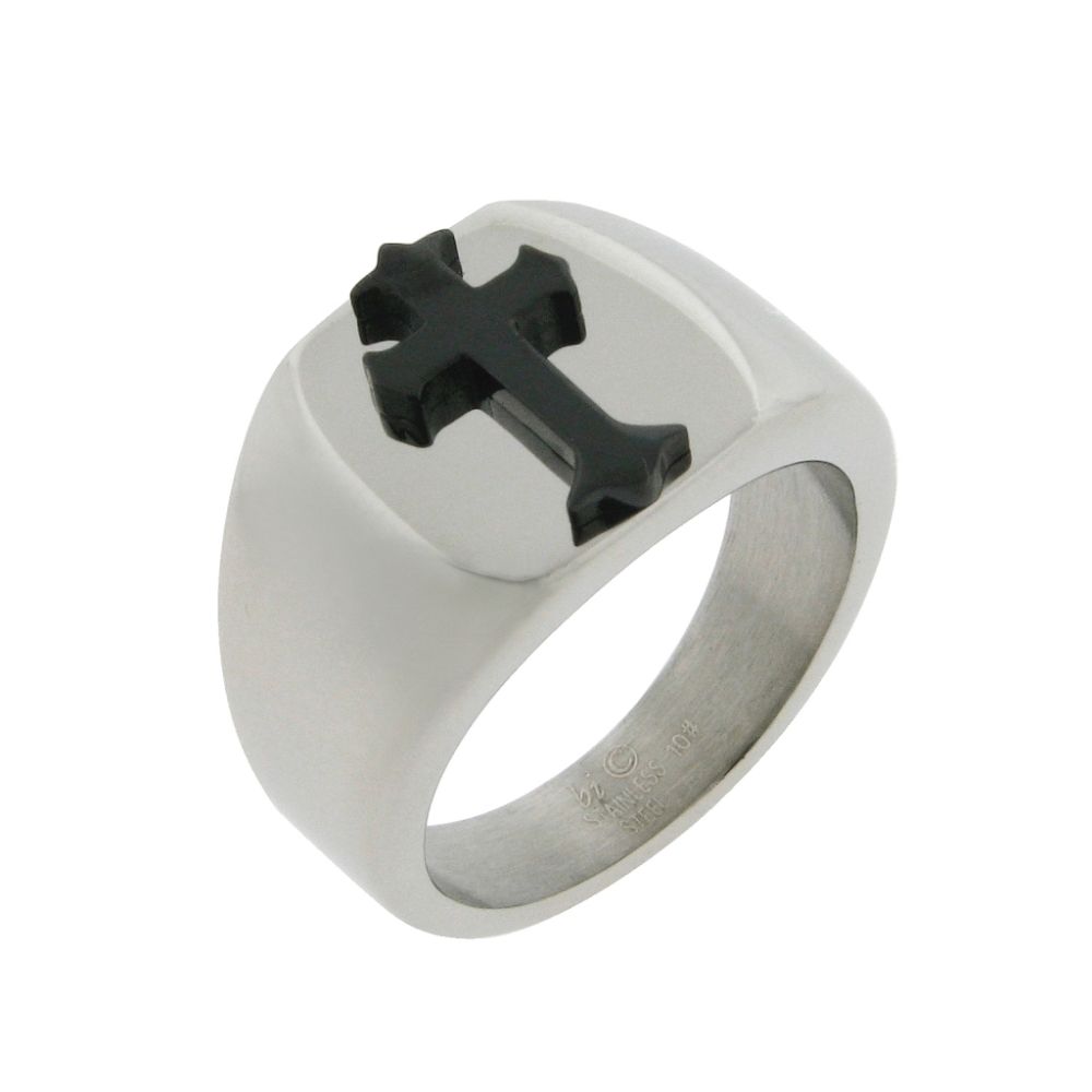 Men's Stainless Steel Ring With Black Ip Plated Cross