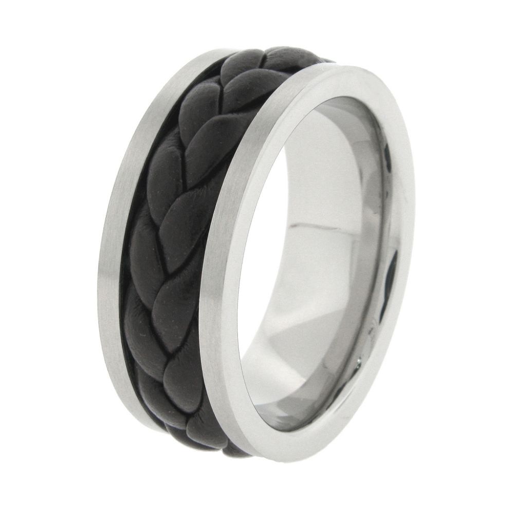 Men's Stainless Steel  Band Ring With Braided Black Leather Center at Kmart.com