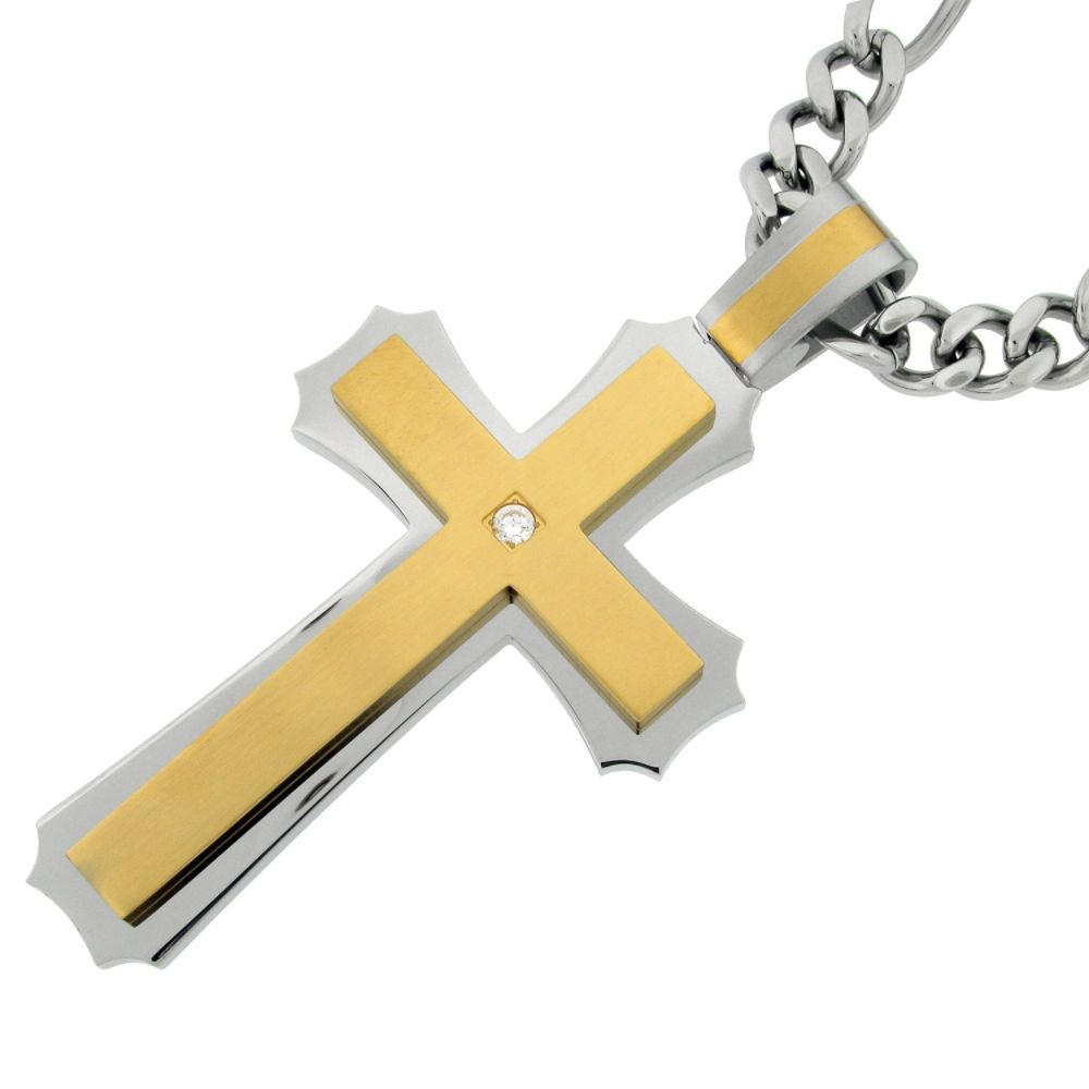  Men's Stainless Steel  Extra Large 3 Layer Cross Pendant With Ip On 28" Figaro Chain at Sears.com
